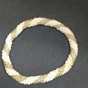 Seed Bead Slinky Bracelet White Iridescent Beige Spiral Stripe Retro BoHo